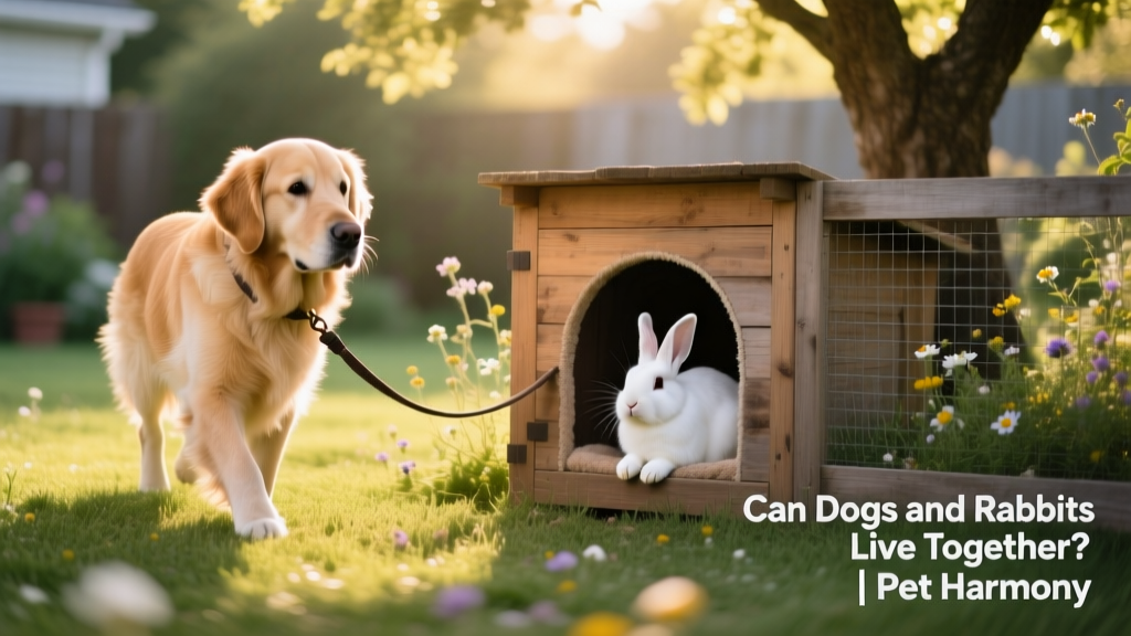 A calm, leashed dog passing near an exercise pen containing a relaxed rabbit with a hidey-box
