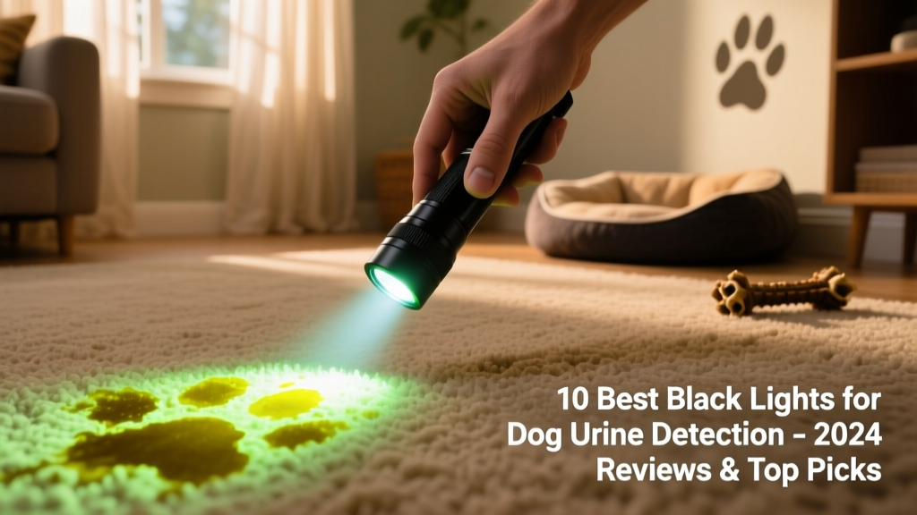 Hand holding a black light flashlight scanning a carpet, revealing glowing yellow-green urine stains