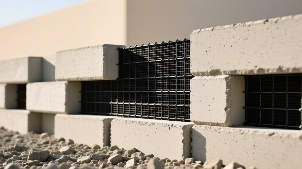 Interlocking concrete retaining wall blocks laid on compacted crushed stone base with exposed black geogrid mesh reinforcement layers.
