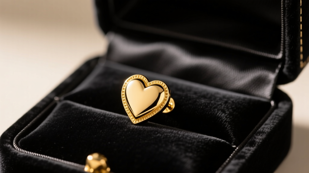 Elegant velvet jewelry box open to reveal 18k gold heart stud earrings resting on dark silk, illuminated by warm studio lighting