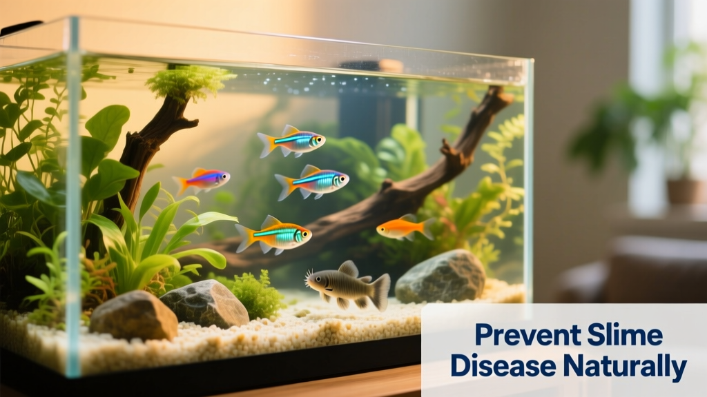 Well-maintained freshwater aquarium with healthy-looking fish, clean substrate, and lush live plants—representing ideal conditions that help prevent slime disease