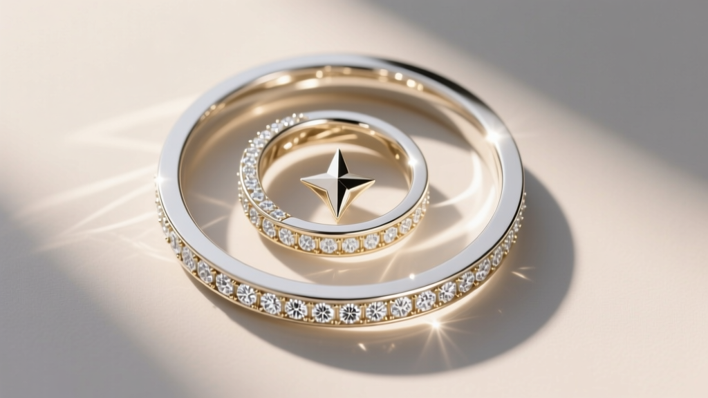 Top-down view of a helix and flat piercing constellation featuring bezel diamonds and geometric white gold ends in bright daylight