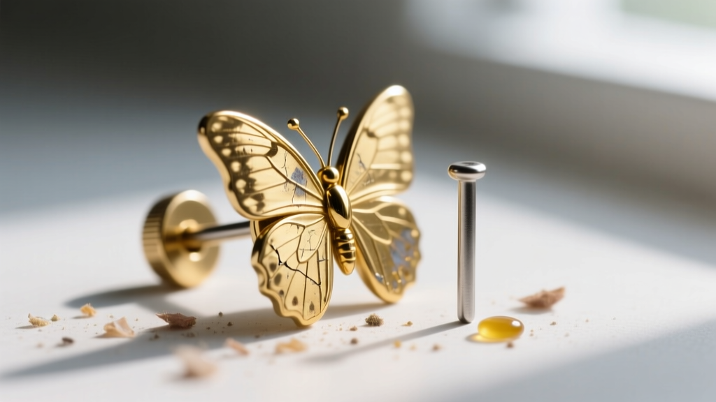 Macro shot of a drugstore butterfly earring back and thin post, revealing microscopic gold plating wear and trapped skin debris