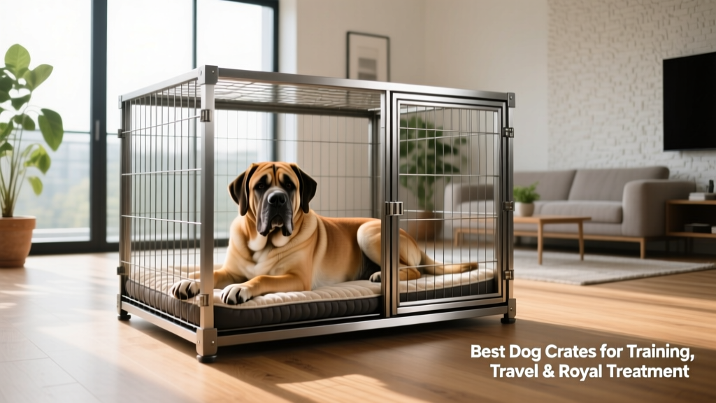 A large mastiff lounging in a spacious, well-ventilated heavy-duty wire crate with dual doors