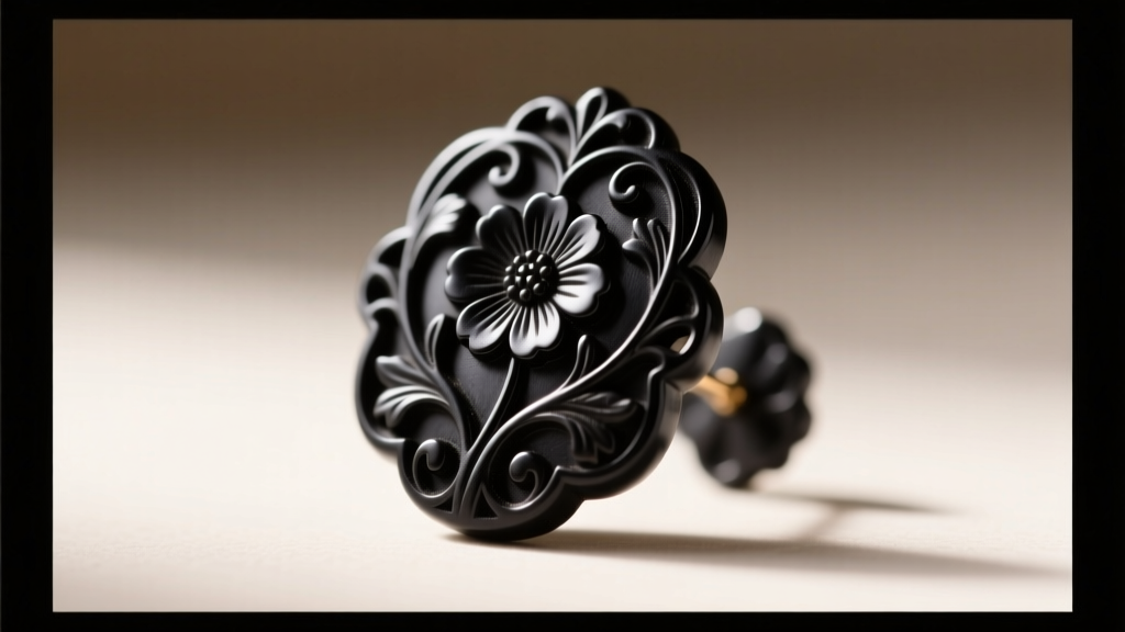 Macro shot of a carved black gutta-percha Victorian mourning earring, highlighting matte texture and subtle floral relief design.