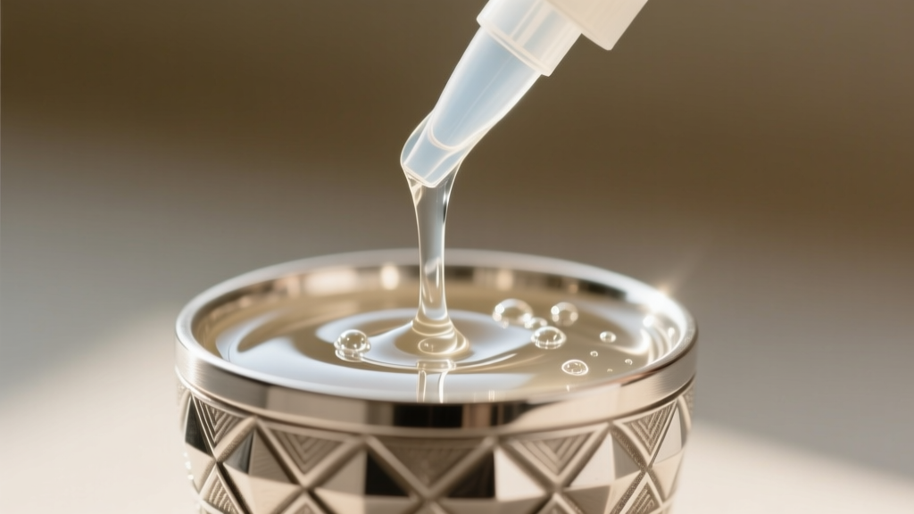 Close-up of clear epoxy resin being poured into a textured sterling silver bezel cup using a precision silicone dispensing tip.