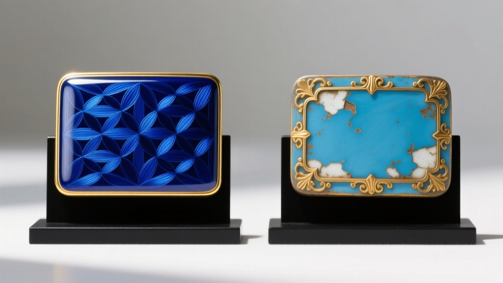 Side-by-side comparison of a pristine blue guilloche enamel Victorian slide versus one with visible chipping and gold edge wear.