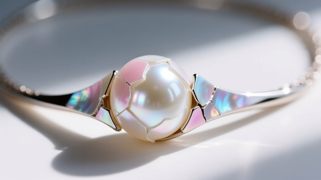 Macro shot of a peeling faux pearl on a fashion necklace, revealing flaking pearlescent coating over the glass bead core beneath.