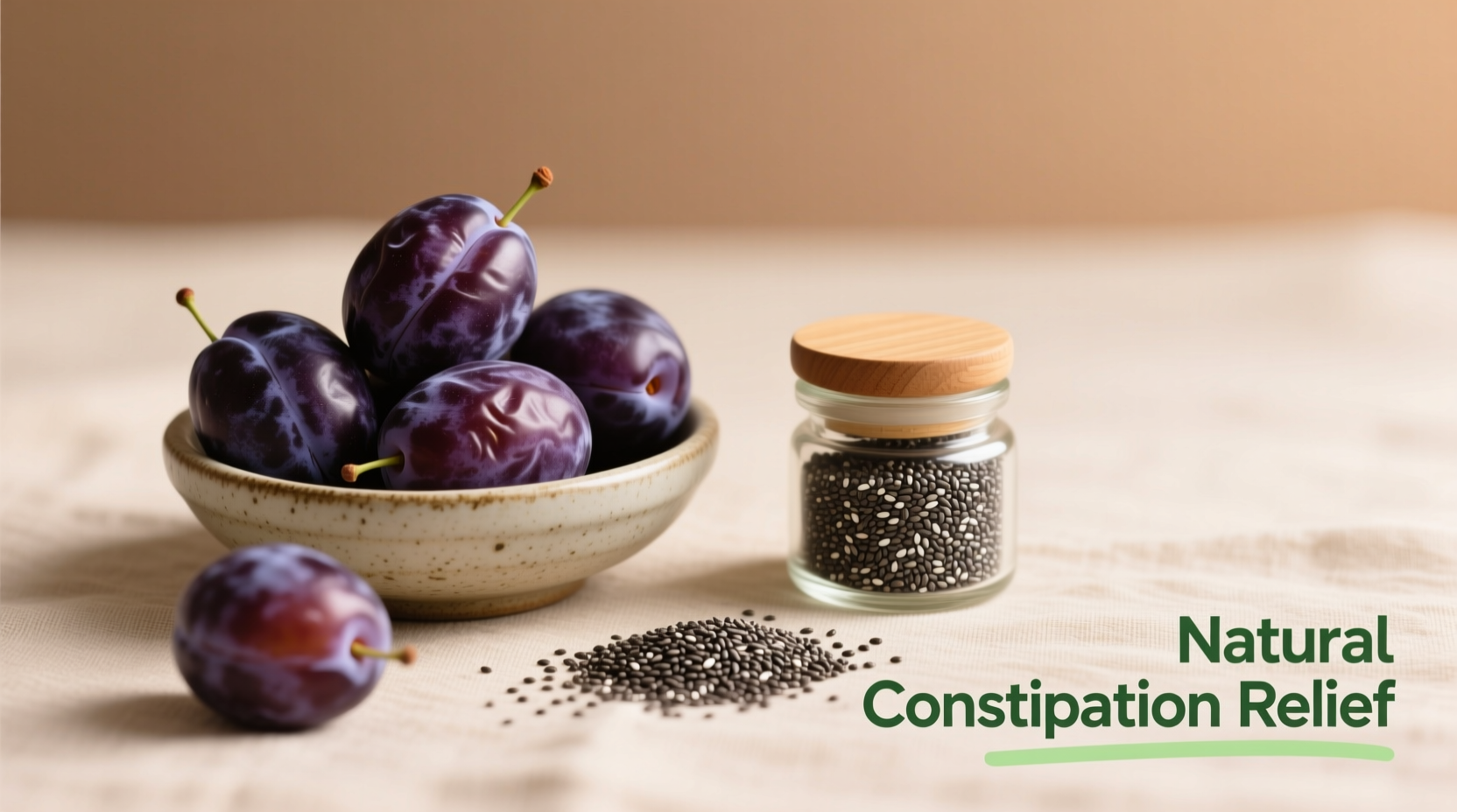 Fresh prunes and chia seeds for natural constipation relief