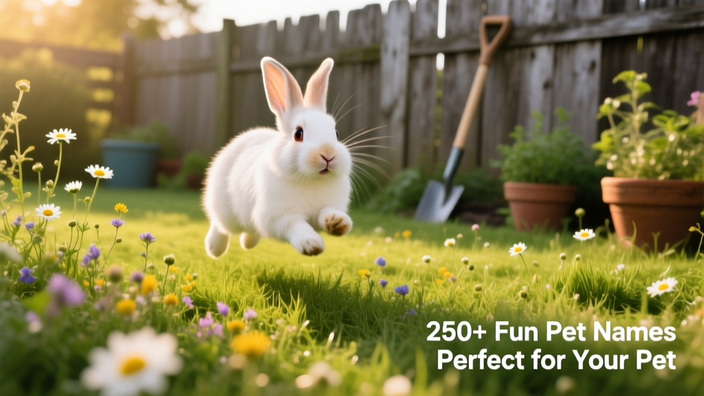 A playful young rabbit hopping through a grassy backyard garden