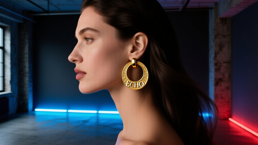 Side profile of a woman wearing 18k gold medium hoops with engraved text, lit by moody neon lighting in a dark, atmospheric room.