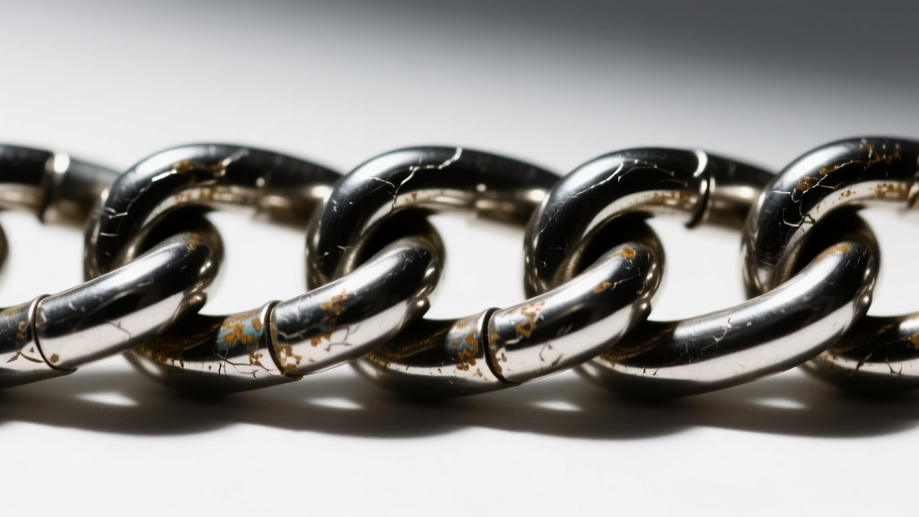 Macro shot of a 6mm oxidized stainless steel Cuban link chain, highlighting the darkened crevices and polished metal high points