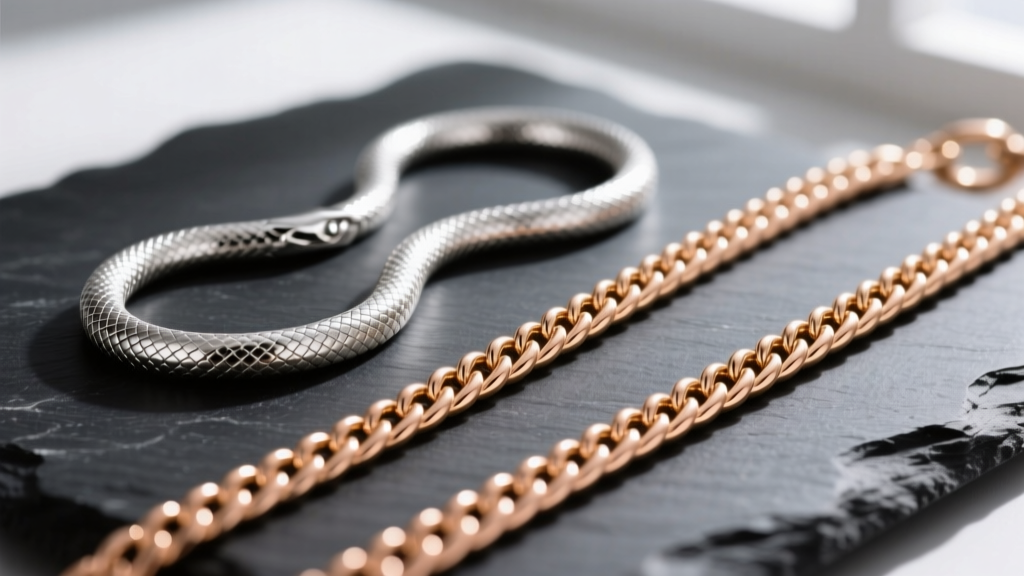 Macro comparison of a kinked sterling silver snake chain and a durable, untangled 14k rose gold wheat chain on a dark slate surface.