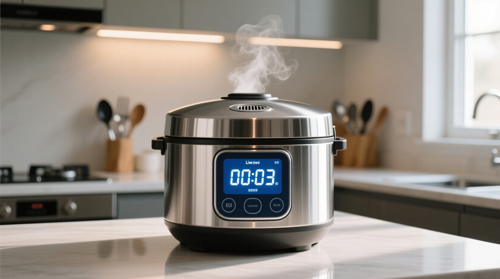 Rice cooker displaying cooking time countdown