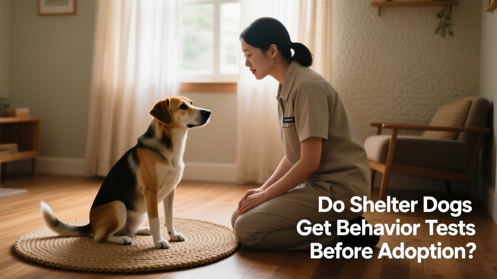 A shelter staff member conducting a gentle, low-stress observation of a dog in a quiet room with soft lighting
