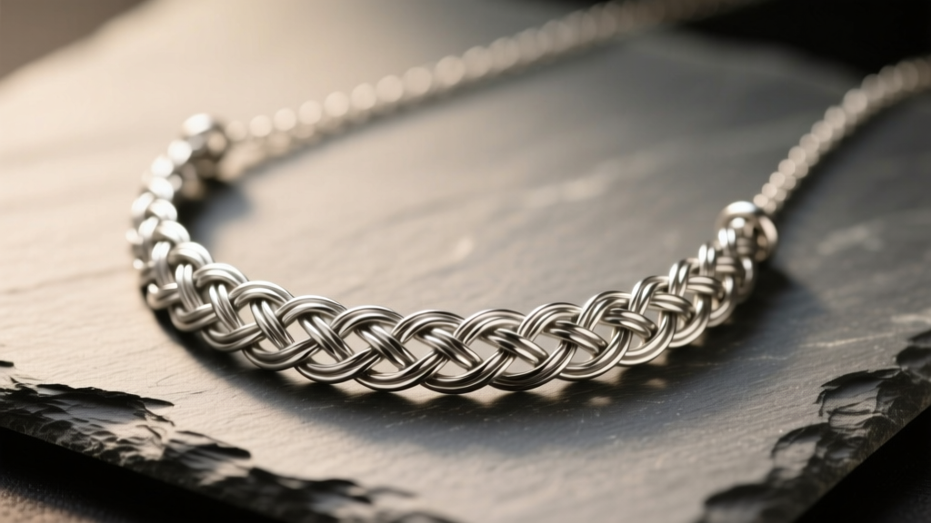 Silver viking weave necklace on slate, showing intricate interlocking wire loops and a soft metallic sheen under warm studio lighting.