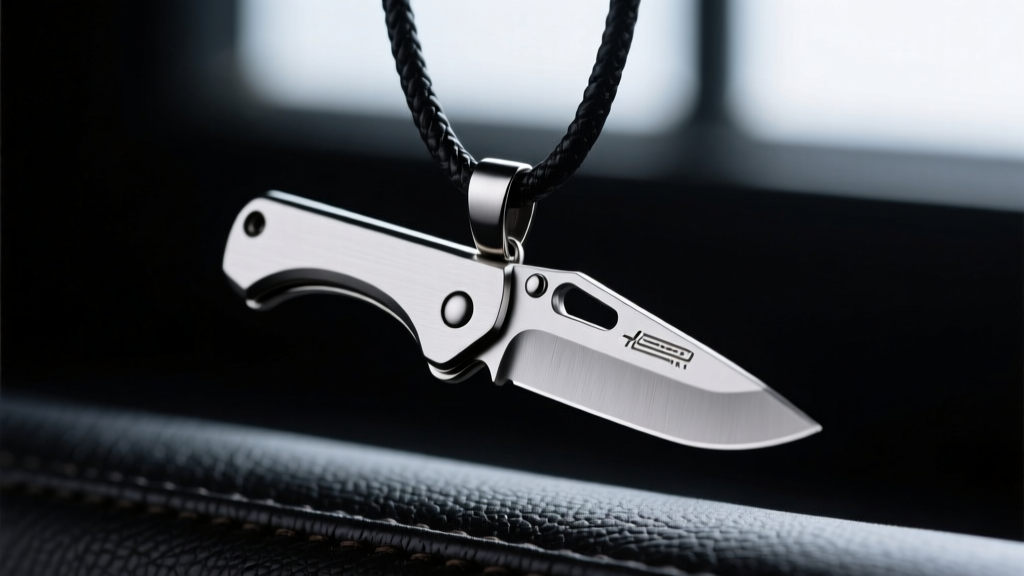 Titanium push knife pendant on dark leather, moody lighting, sharp focus on the distinct T-handle and blade geometry.