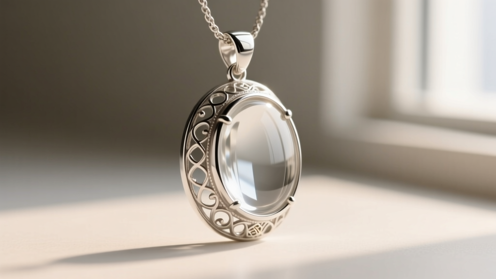 Macro photography of a sterling silver mood pendant bezel, showing the glass cabochon edge and intricate metalwork details clearly.