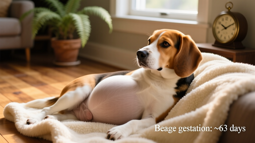 A gentle close-up of a pregnant beagle resting comfortably on a soft blanket