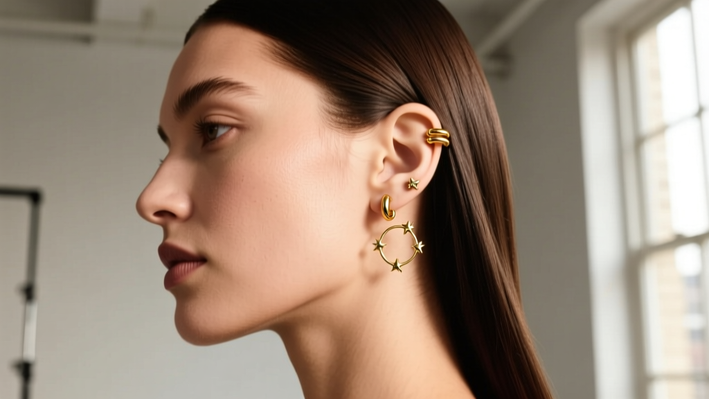 Profile view of a woman with a right-side hair part revealing a curated left ear constellation of 14k gold helix and lobe studs