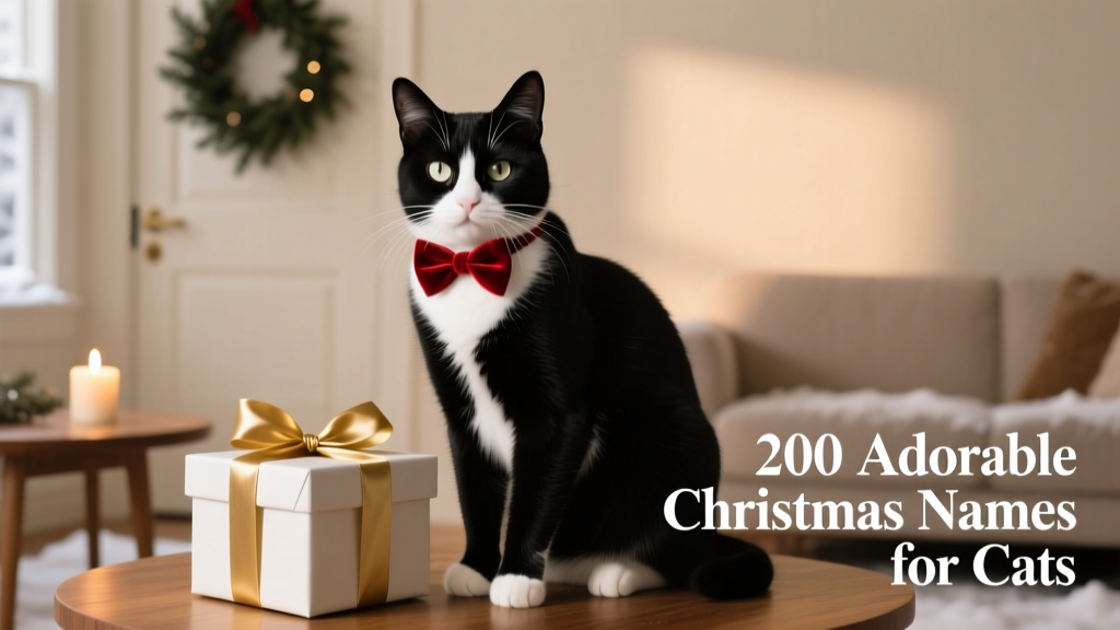 A black-and-white tuxedo cat wearing a tiny red velvet bowtie, posing near a wrapped gift box