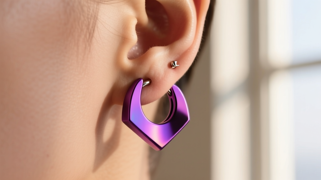 Vibrant anodized purple niobium huggie earring secured on a healed cartilage piercing, photographed against soft natural skin.