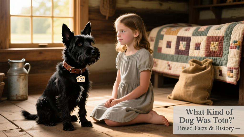 Black terrier-type dog sitting beside a young girl in a Kansas farmhouse setting