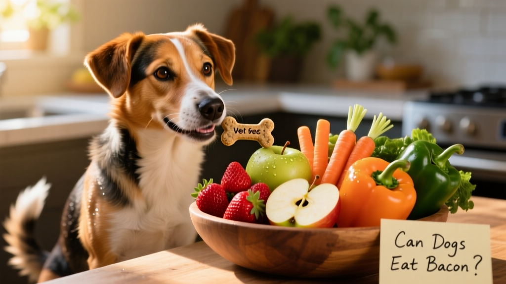 A happy dog enjoying a healthy, vet-approved treat while sitting beside fresh fruits and vegetables