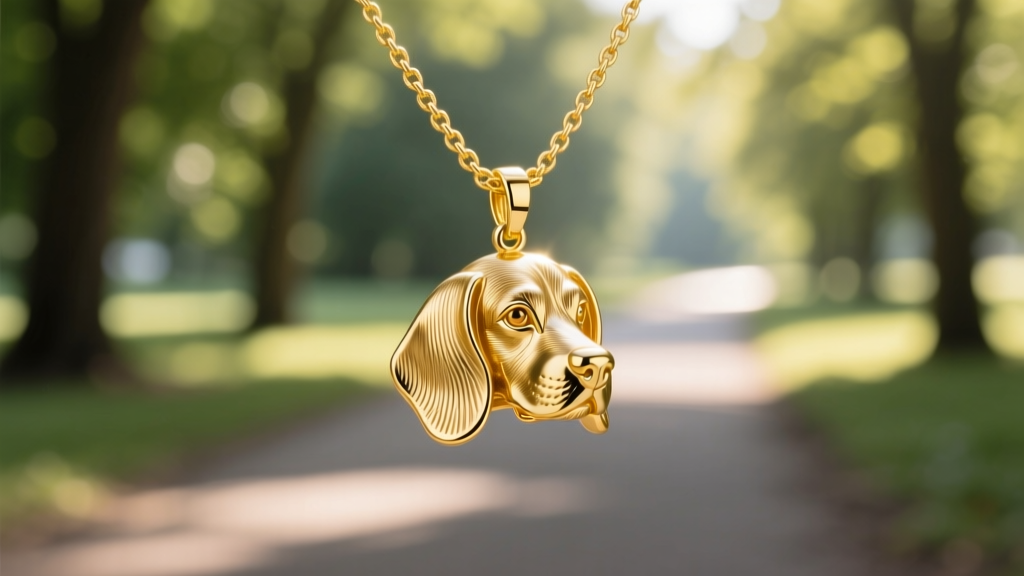 Sturdy 1.5mm 14k yellow gold box chain attached to a polished beagle pendant, photographed against a blurred sunny park trail.