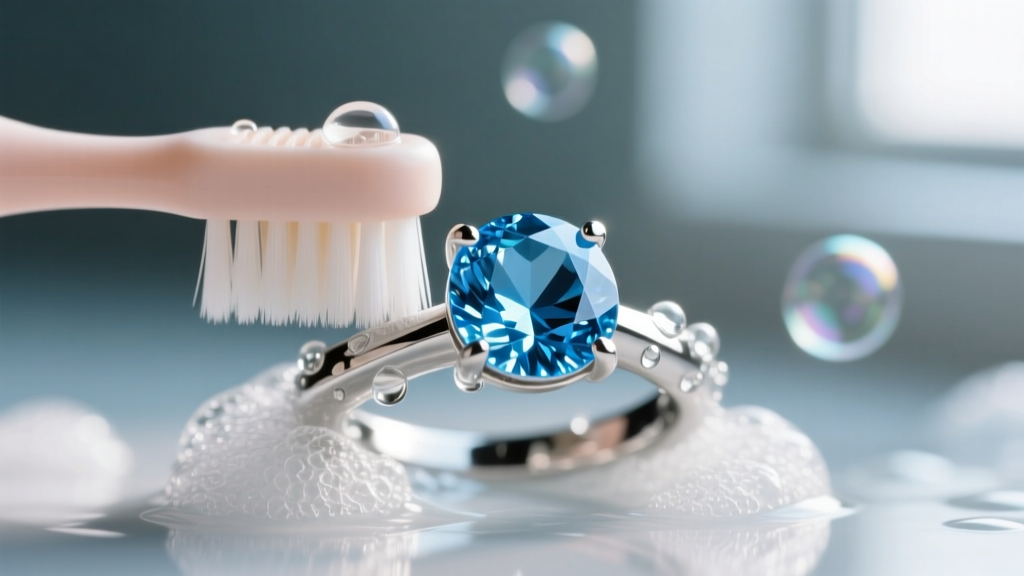 Macro shot of a soft baby toothbrush gently scrubbing the silver prongs around a sky blue topaz stone with soapy water bubbles