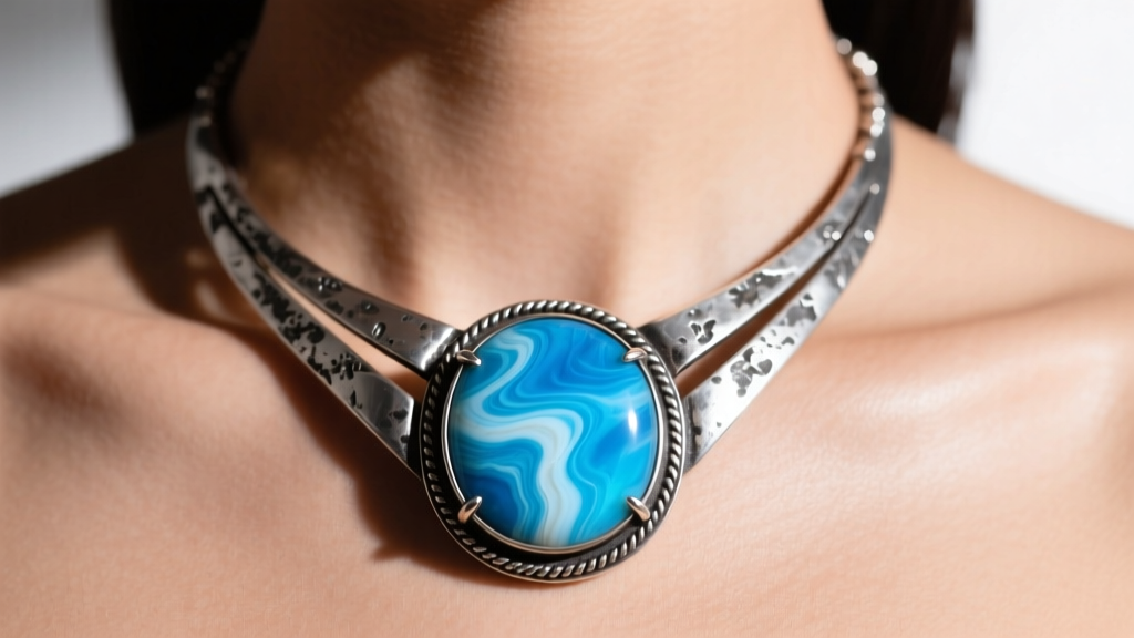 Close-up of a statement Liz Palacios necklace featuring a large bezel-set larimar cabochon in oxidized sterling silver on a model