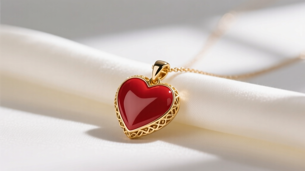 Close-up of a 14k gold red enamel heart pendant necklace on silk fabric, soft studio lighting highlighting the glossy red finish.