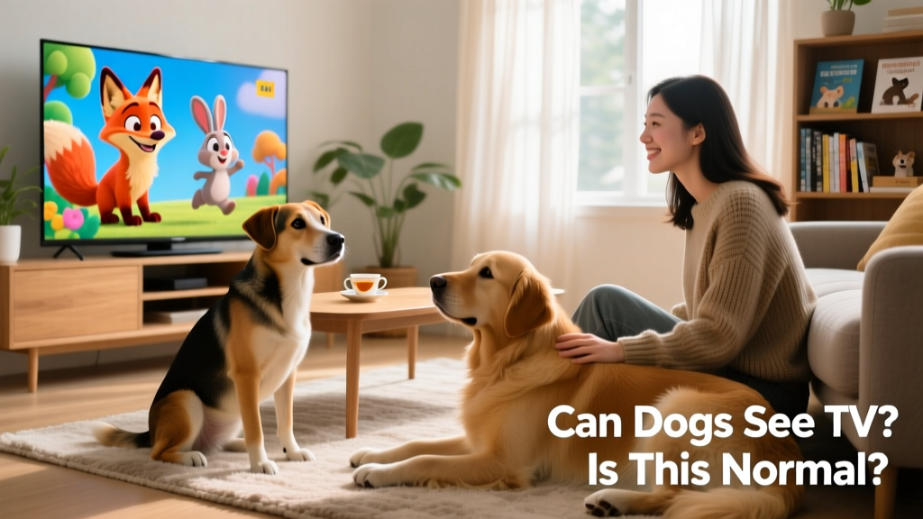 Two dogs side-by-side, one gazing intently at a TV showing animated animals, the other resting calmly beside its human