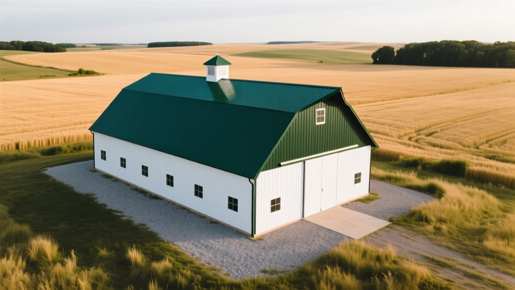 Aerial view of a 40x60 pole barn with dark green steel roofing and white wainscoting on a leveled gravel pad in the rural Midwest