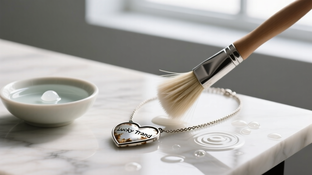 Jewelry cleaning setup with a soft horsehair brush, mild soap, and a tarnished Lucky Brand heart necklace being gently scrubbed