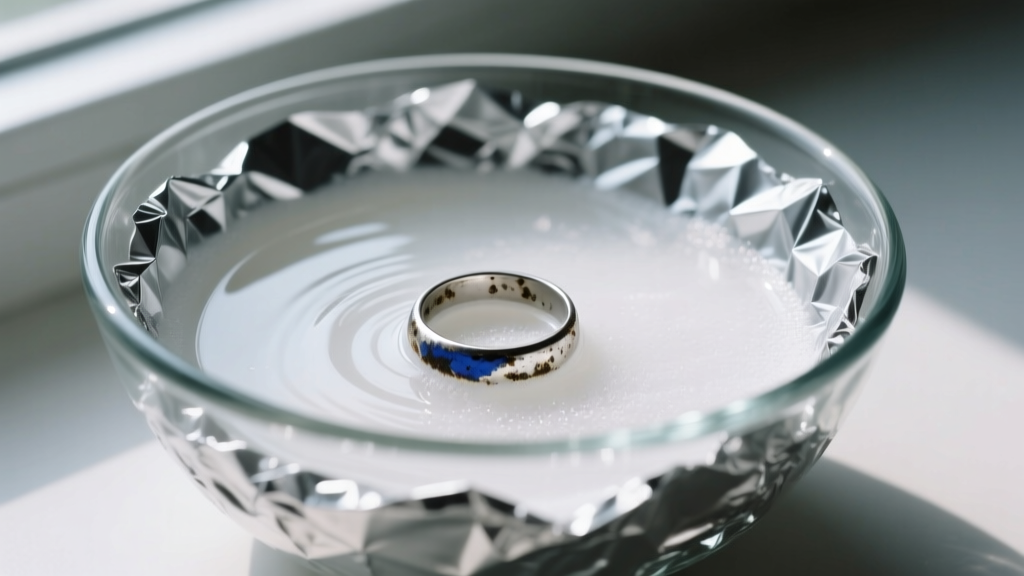 Glass bowl lined with crumpled aluminum foil containing a cloudy baking soda solution and a submerged oxidized silver ring