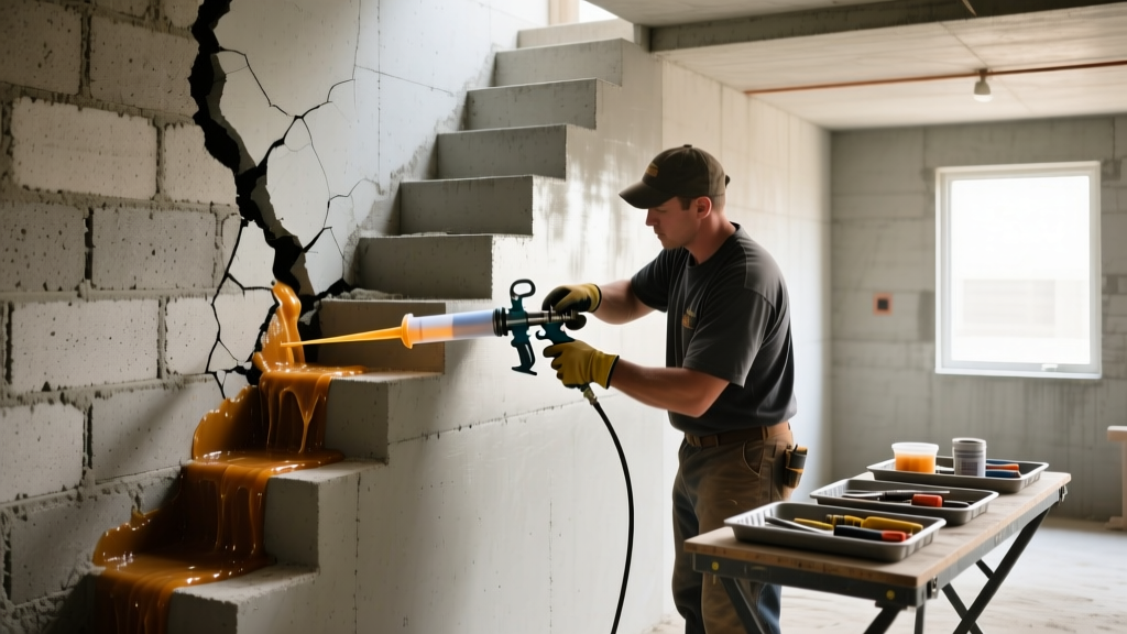 Contractor injecting polyurethane resin into a stair-step crack on a cinder block basement wall beside a smooth poured concrete section