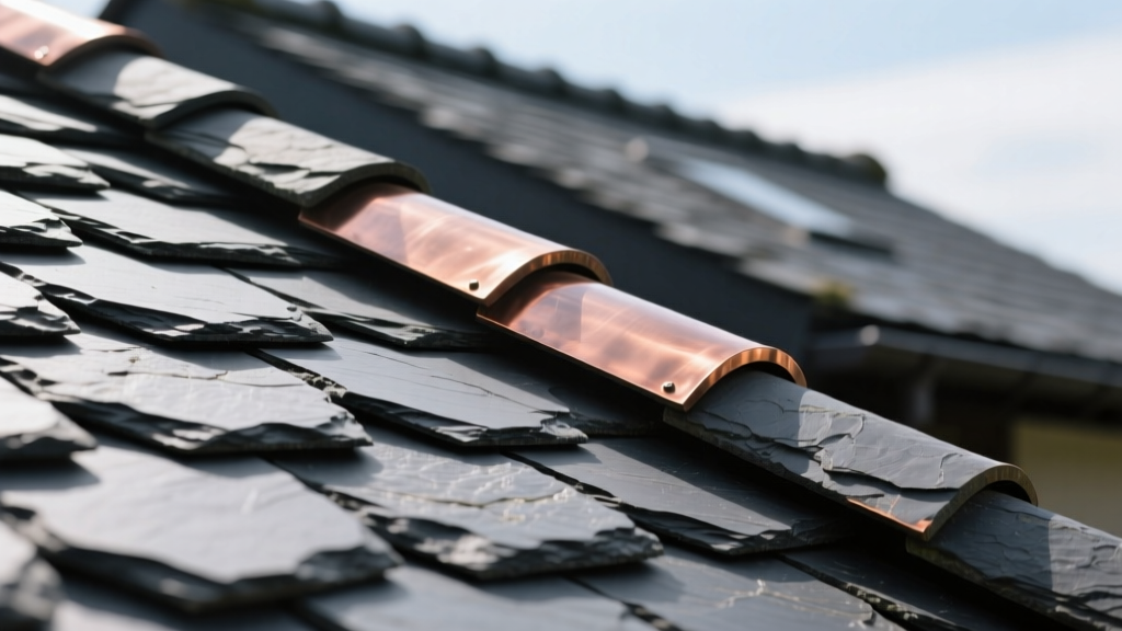 Close-up of overlapping dark grey slate roof tiles with copper flashing on a steep pitch highlighting fine-grained rock texture