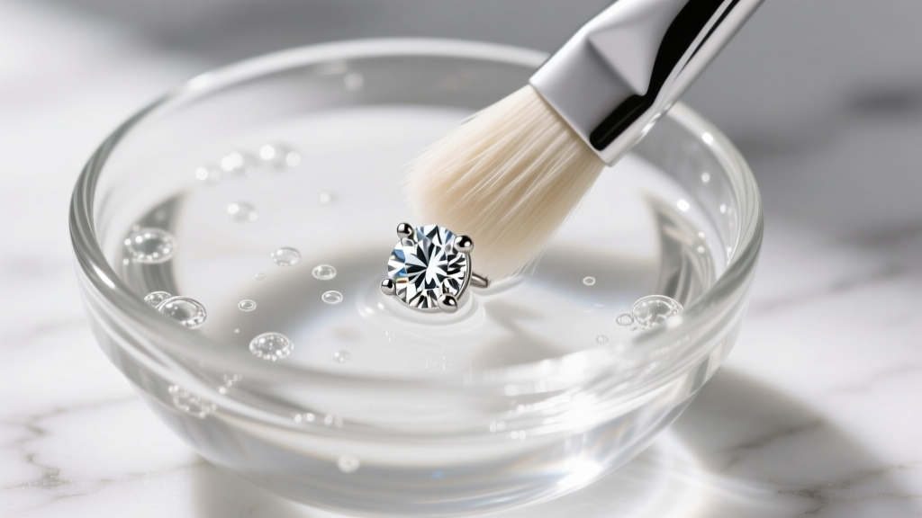 Soft-bristled brush gently cleaning a platinum half-carat diamond stud earring in a glass bowl of warm soapy water on marble