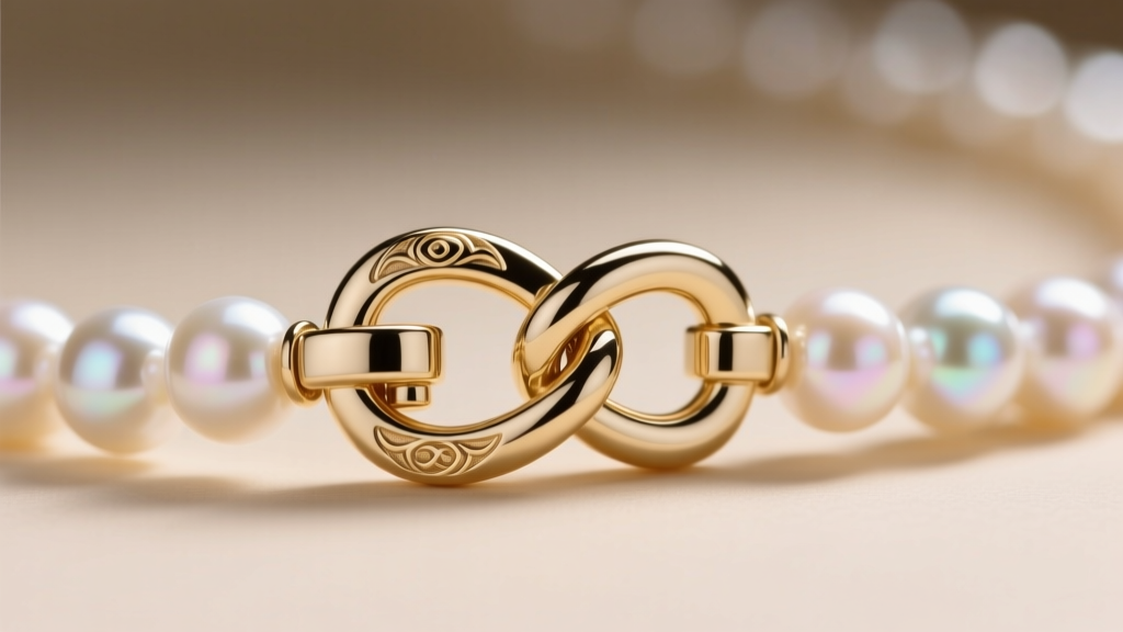 Bright macro photography of a 14k white gold box clasp with a figure-eight safety catch securing a knotted freshwater pearl strand
