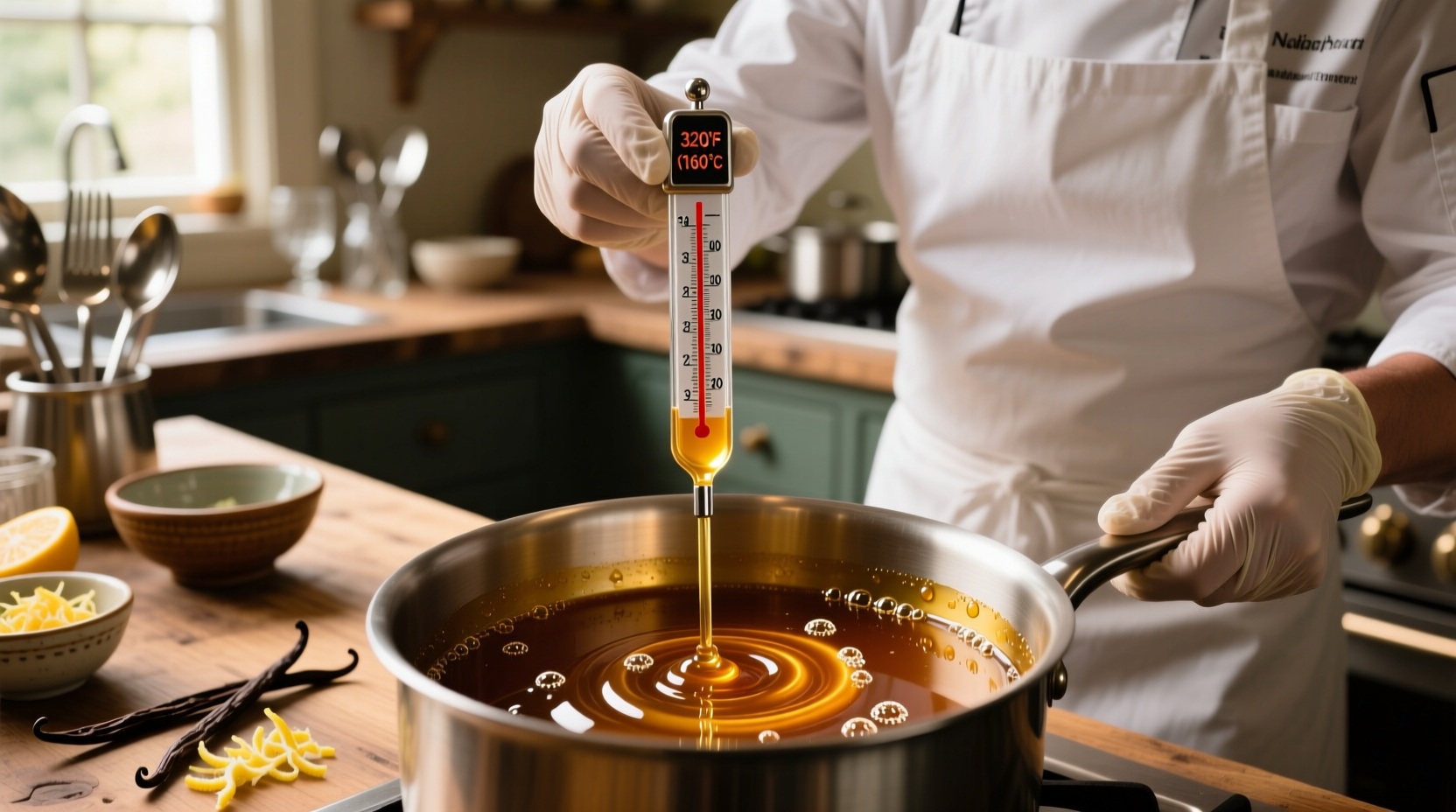 Chef measuring sugar syrup temperature with candy thermometer