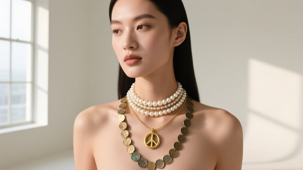 Model wearing a layered necklace stack featuring a tiny gold peace symbol pendant, a pearl choker, and a longer coin necklace.
