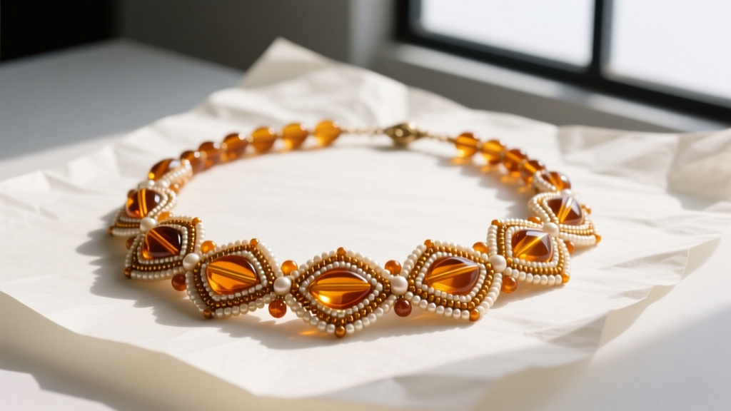 Close-up of a 1920s vintage beaded necklace with amber glass and seed beads resting on acid-free archival tissue paper.