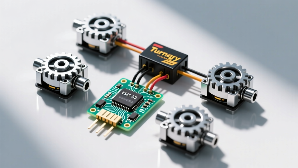 Top-down view of ESP32-S3 microcontroller wired to Turnigy UBEC and three high-torque metal gear servos for anime prop