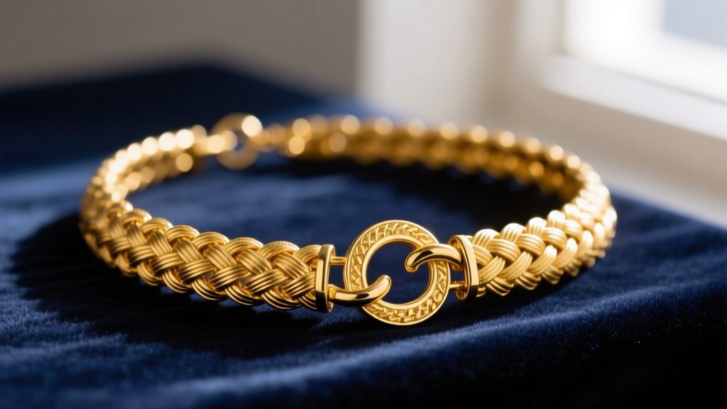 Close-up of a 22k yellow gold Turkish Trabzon woven necklace with an intricate S-hook clasp resting on dark velvet.