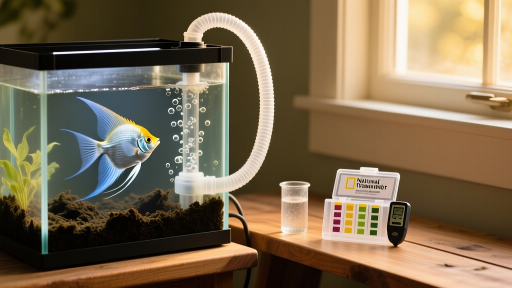 Aquarium setup showing peat-filled canister filter connected to tank, with clear tubing and labeled water testing kit nearby