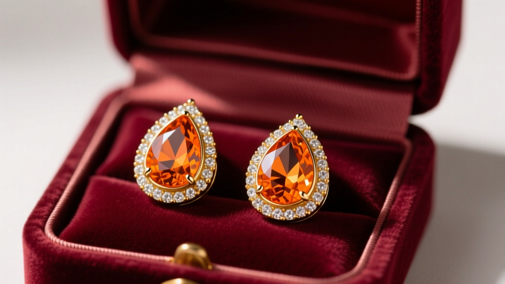 Open velvet box revealing teardrop orange rhinestone earrings with 14k gold plate under soft, warm directional studio lighting.