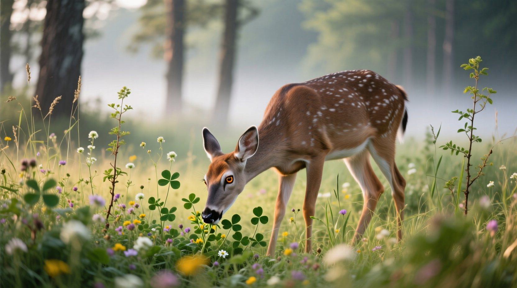 Deer grazing in a thriving food plot with diverse vegetation