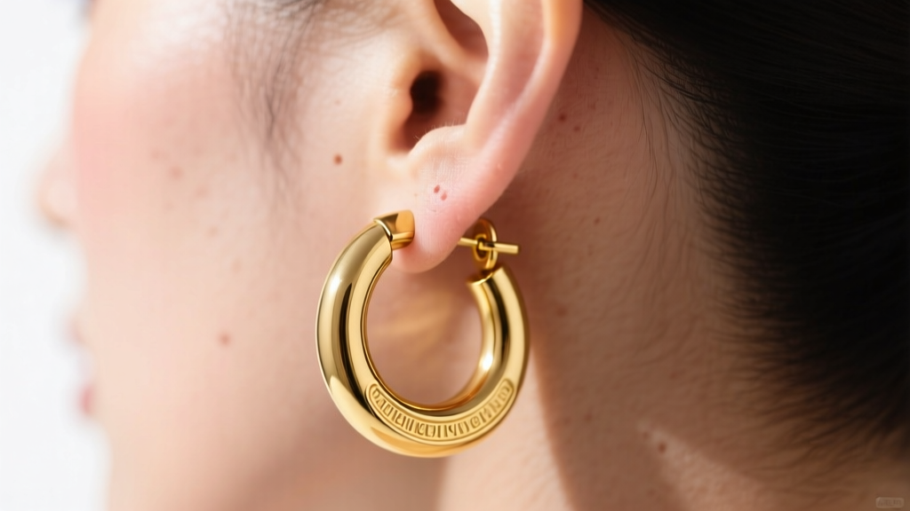 Close-up of an ear wearing a thick 18k yellow gold huggie hoop with a hinged closure, highlighted by soft natural sunlight