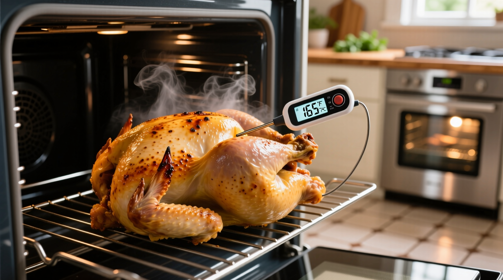 Chicken recooking process in oven with thermometer